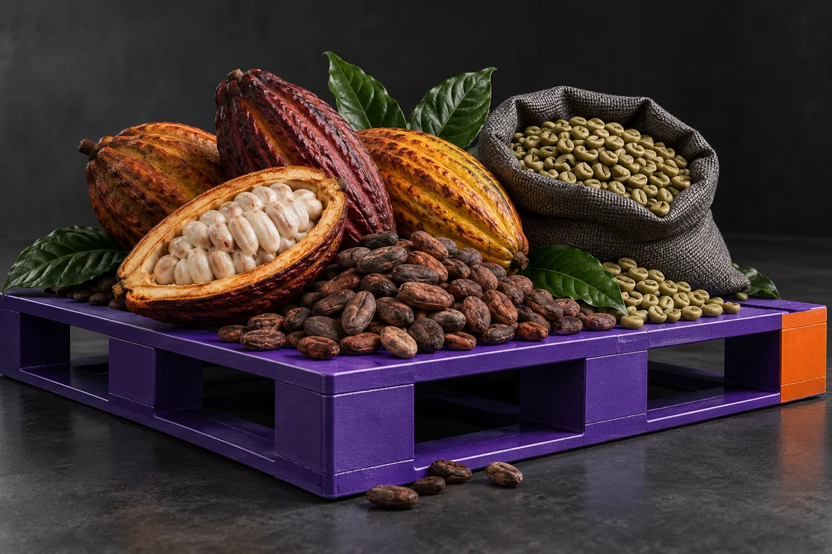 Composición artística de cacao y café sobre una plataforma violeta
